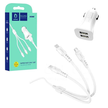 XO Fast Dual USB Car Lighter Charger Set with 3 in 1 Android Micro Type C and iPhone Lightning Data Cable