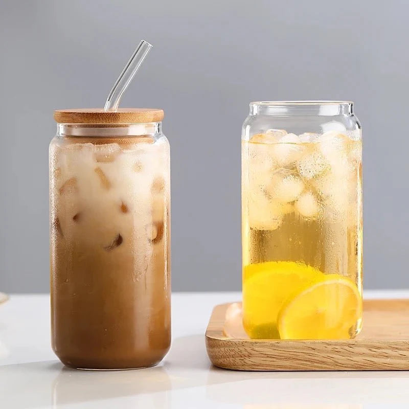 Bamboo Lid Can Glass With Glass Straw - 500 ml