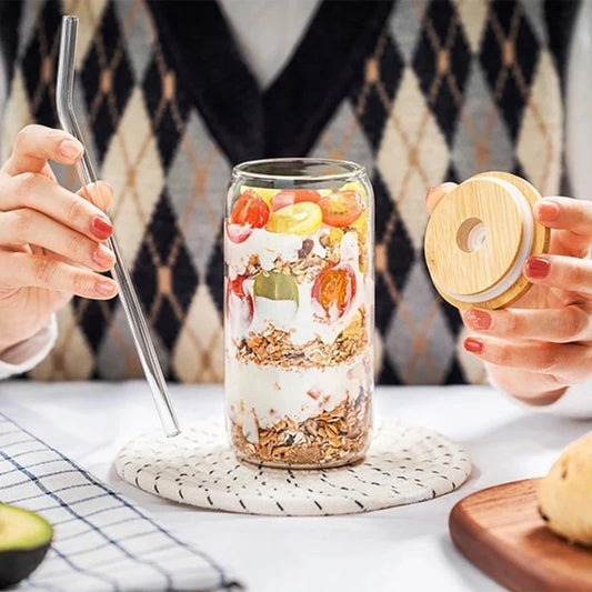 Bamboo Lid Can Glass With Glass Straw - 500 ml